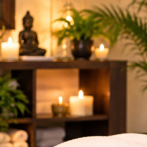 Buddha statue, candles and plants in a spa room