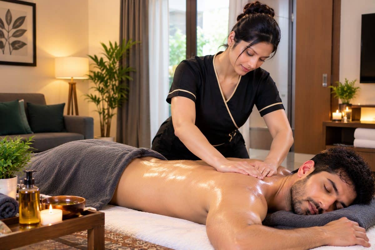 Spa at home setup in Bangalore with massage bed, stones and candles